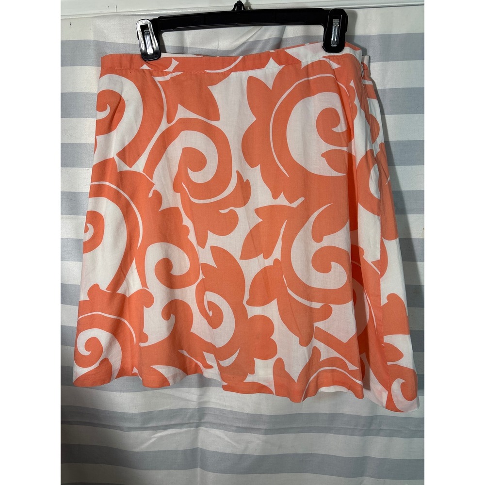 J.Crew Orange White Scroll Damask Print A-Line Mini Skirt Side Zip Cotton 14